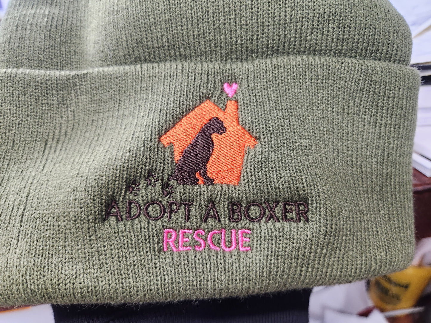 Army green knit hat custom logo/pink