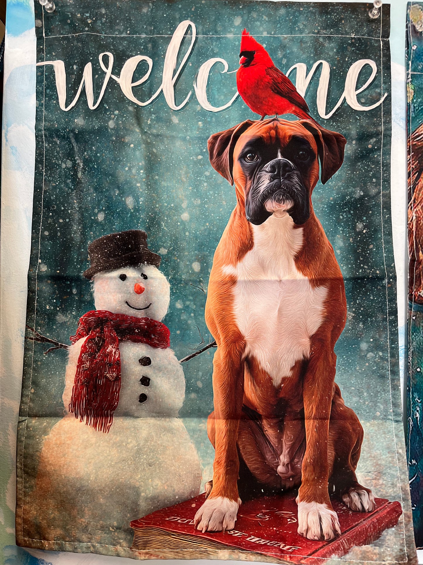 Welcome snowman boxer flag