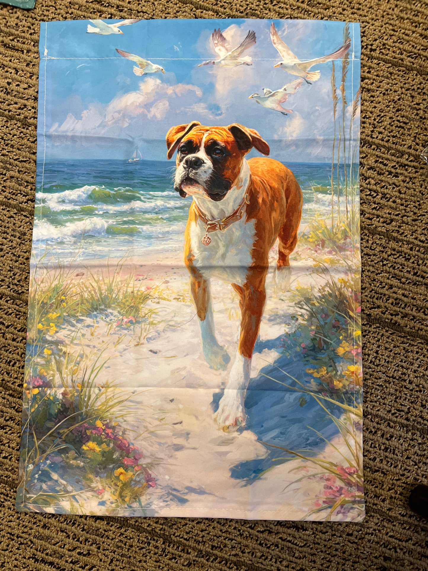 Boxer beach scene with flowers