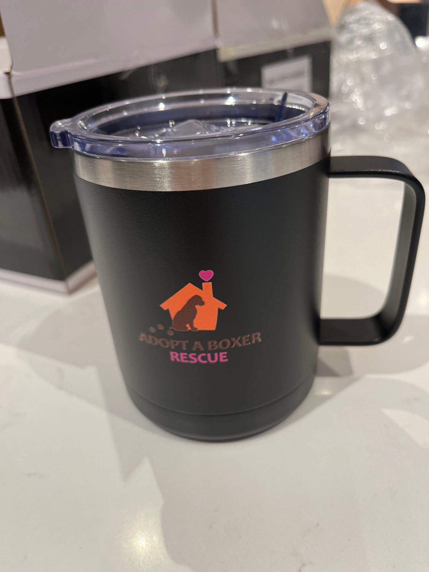 Black mug with fawn boxer12 oz coffee mug with handle