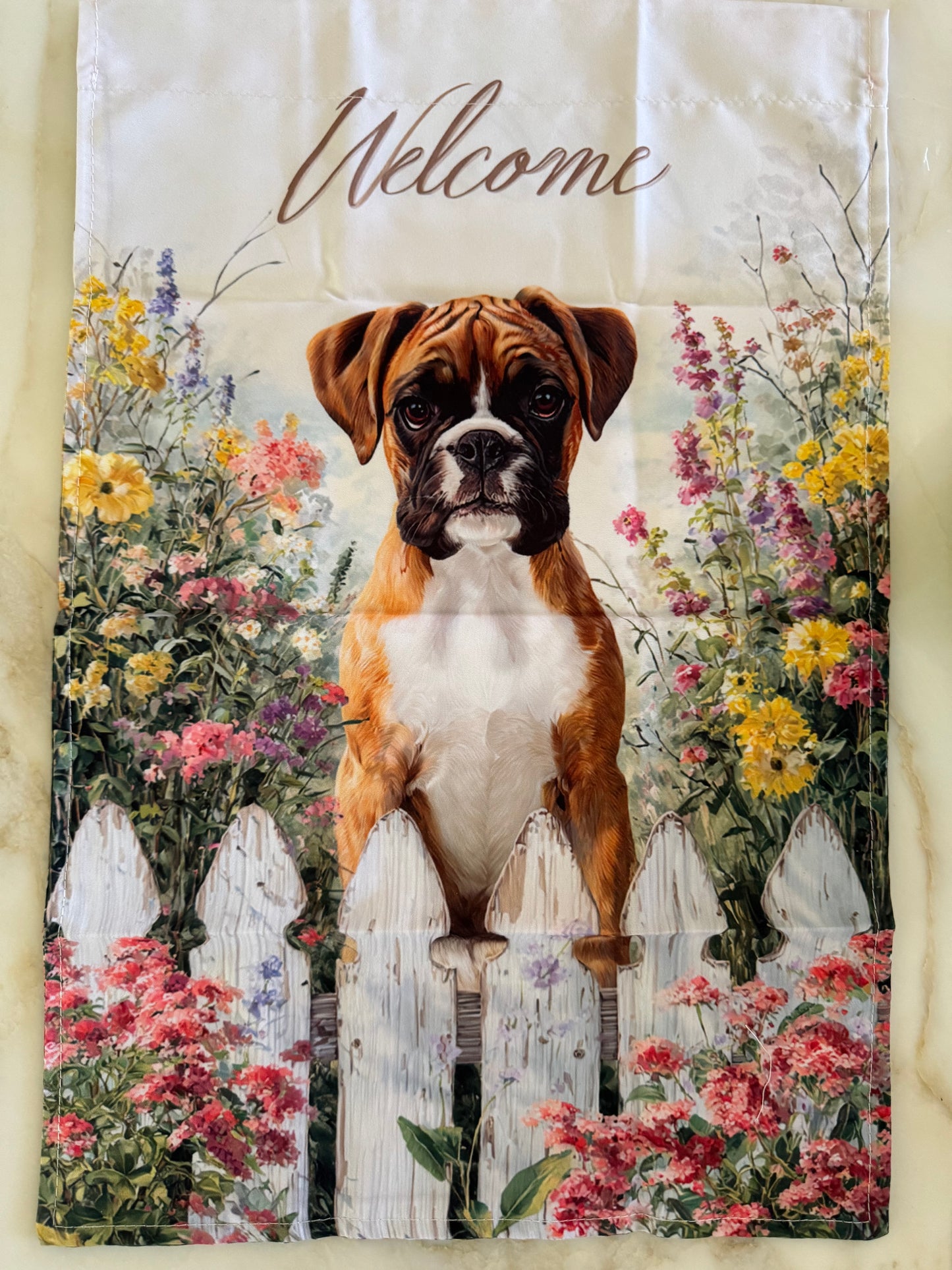 Boxer flower fence welcome flag