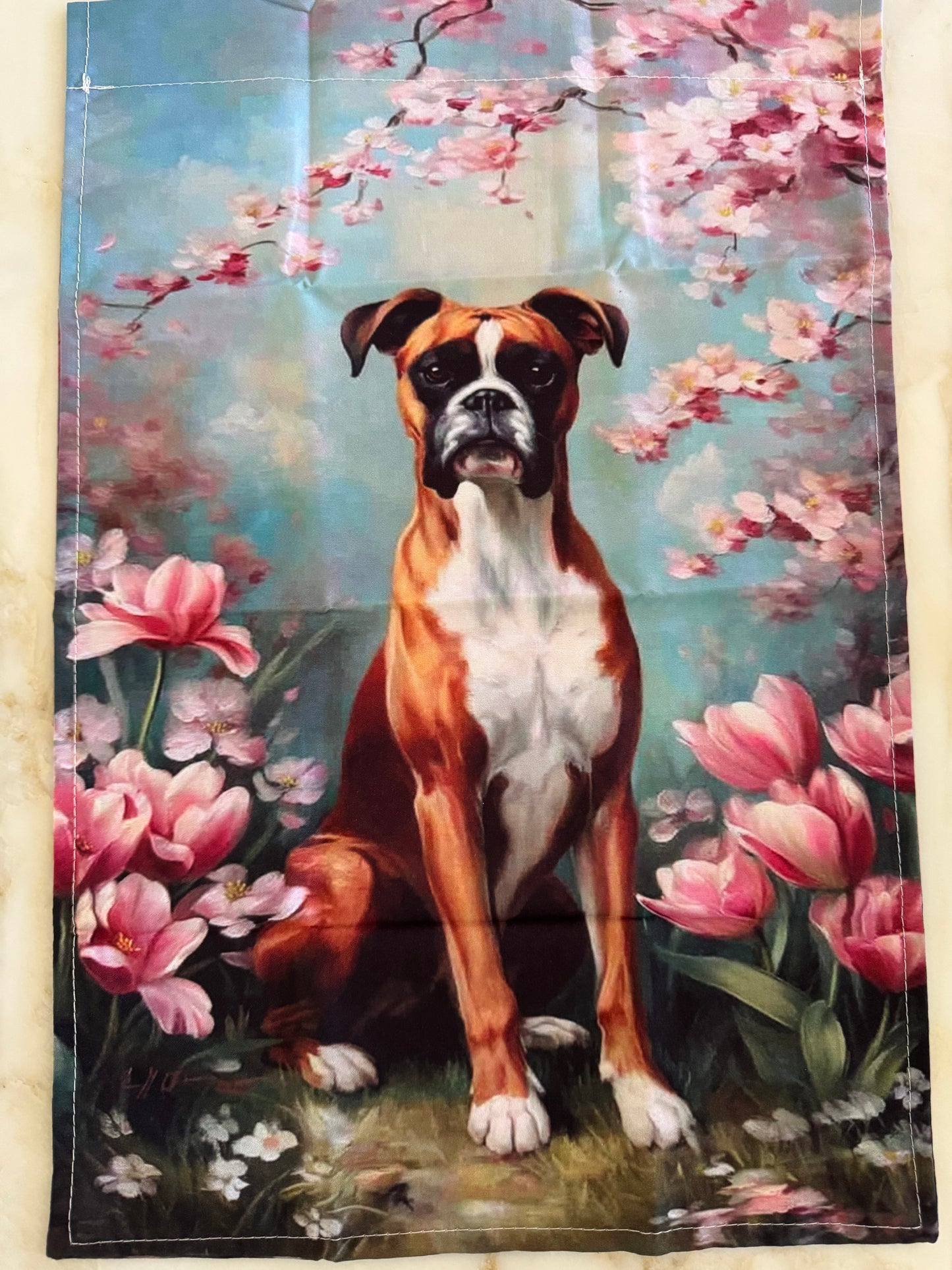 Pink flowers with boxer in a blue background