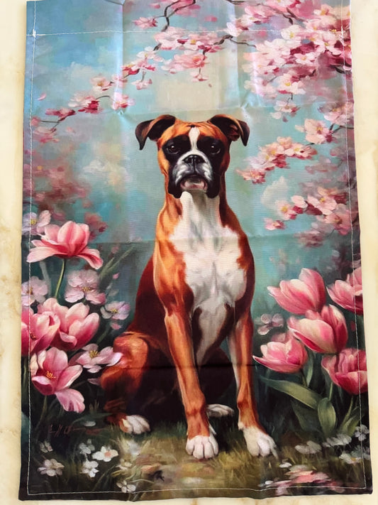 Pink flowers with boxer in a blue background