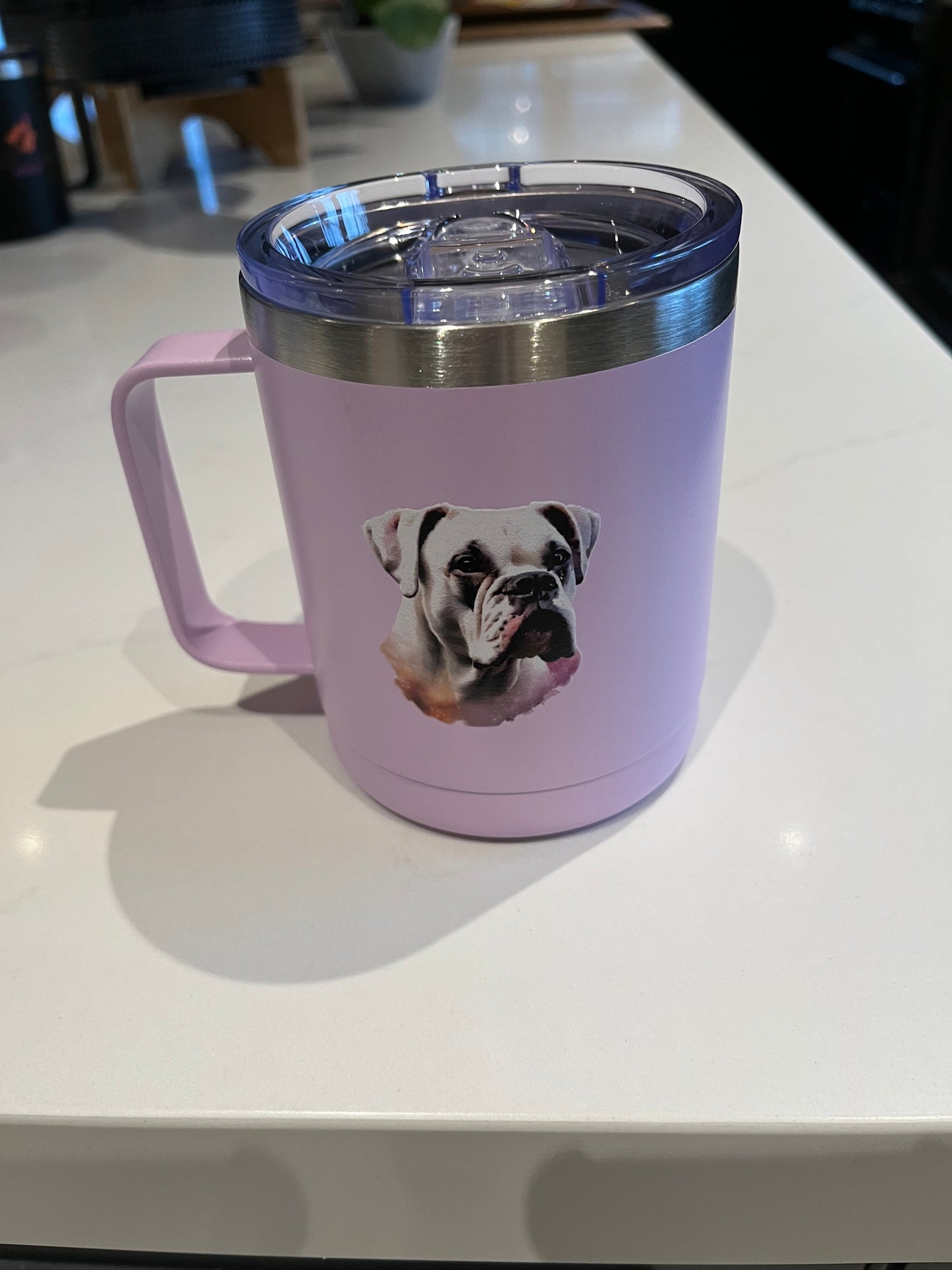 Lilac white boxer steel mug w/handle