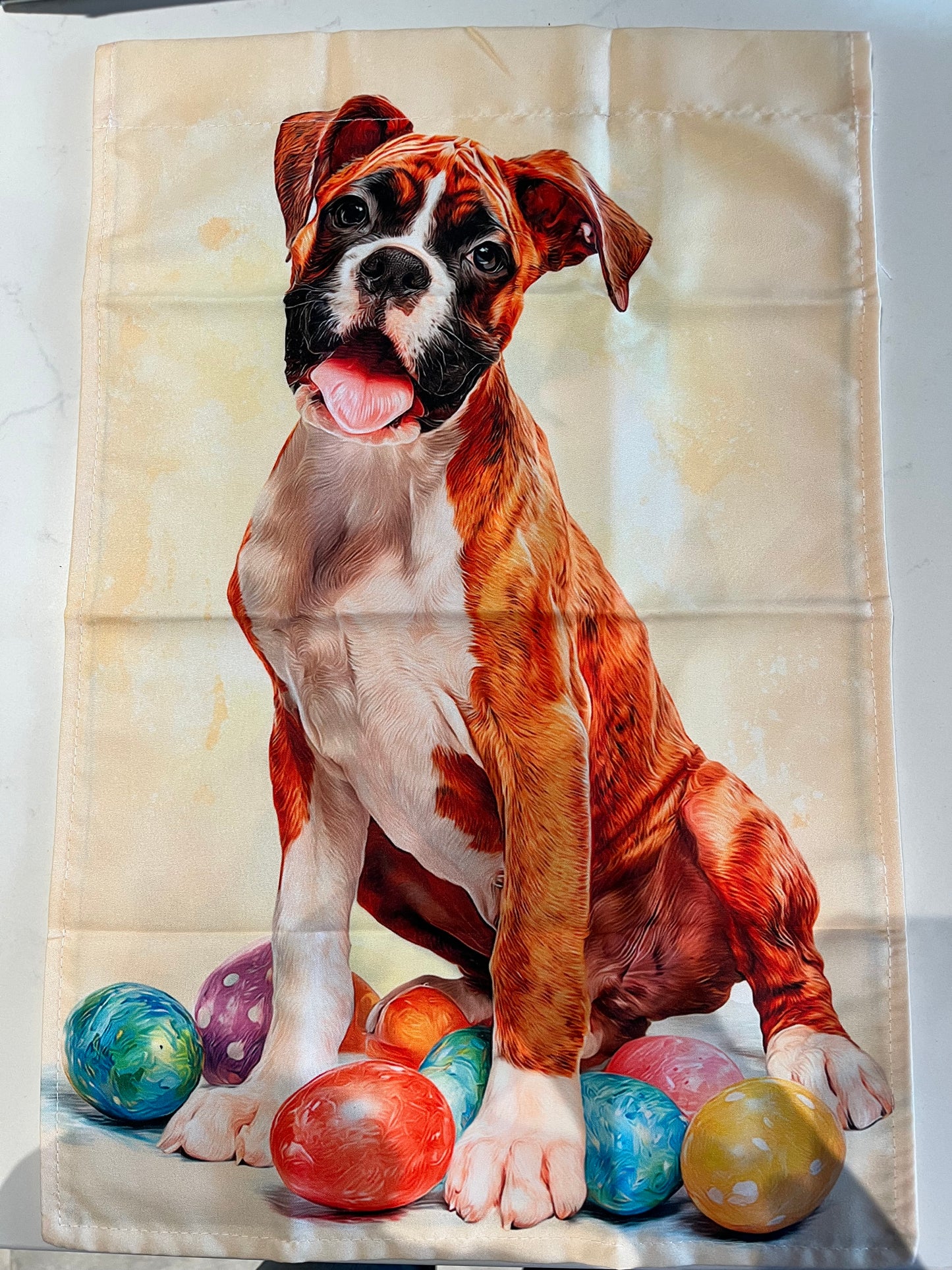 Boxer puppy with Easter eggs flag