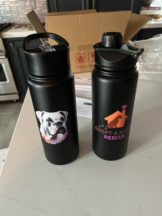 24oz black custom water bottle with white boxer