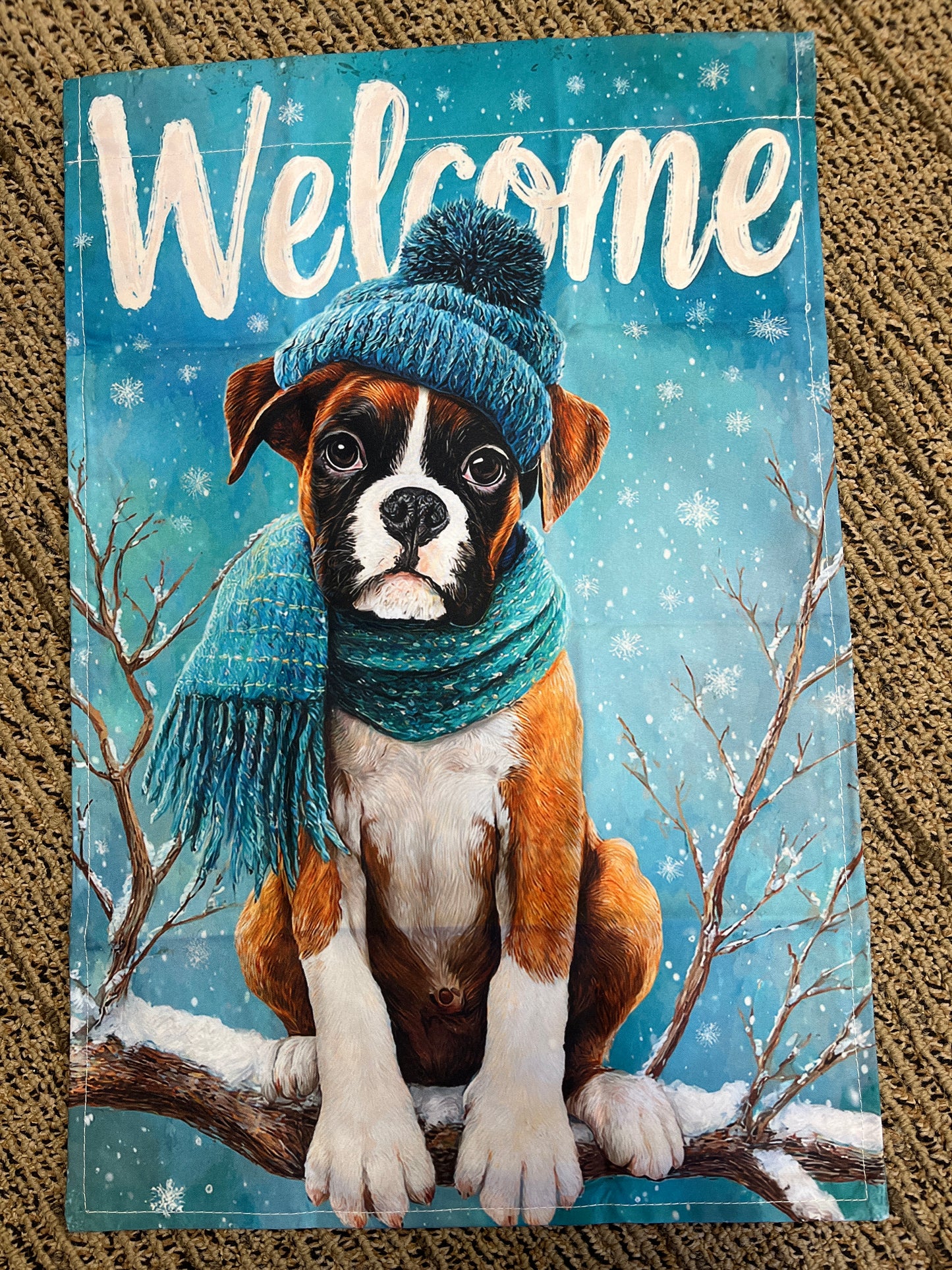 Welcome flag boxer pup winter scene